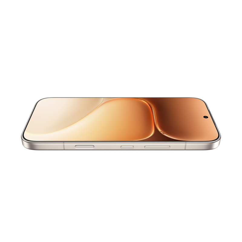 Un smartphone plateado con fondo dorado, tumbado sobre su lado derecho.