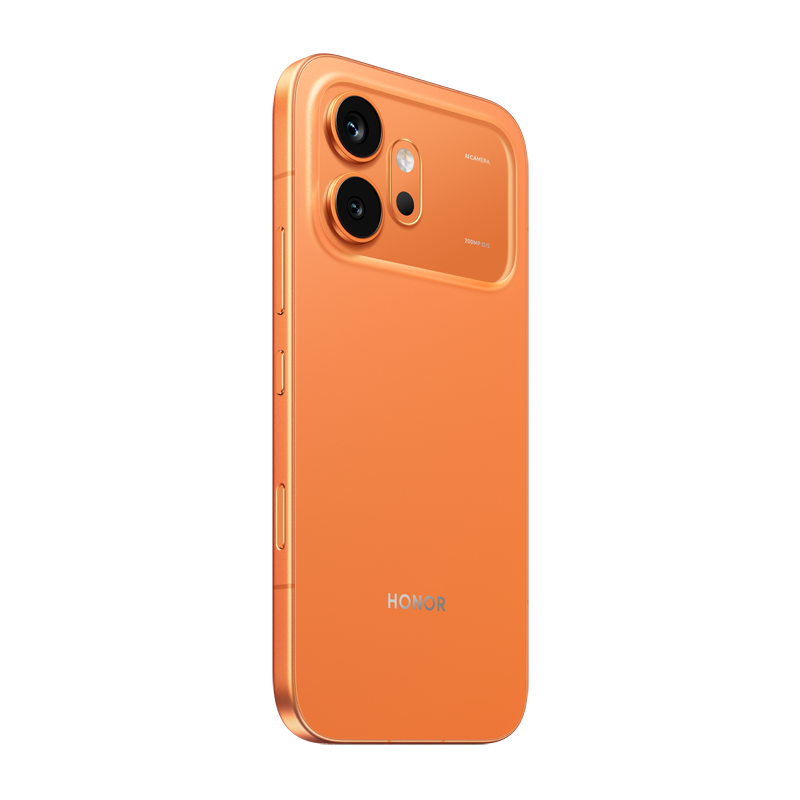Smartphone naranja con doble cámara y logo HONOR en la parte trasera.