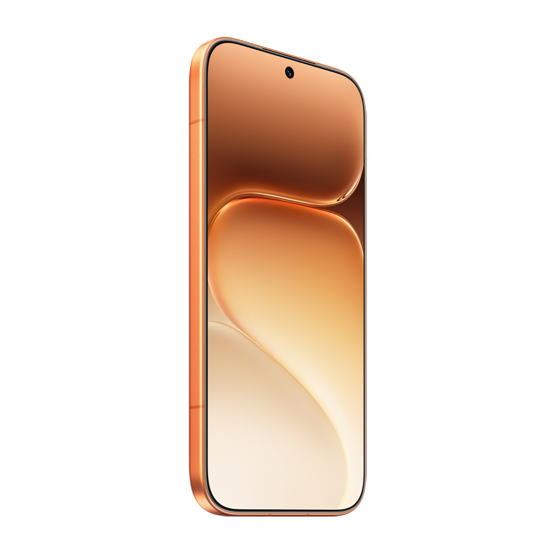 Un smartphone naranja con una pequeña muesca y diseño de pantalla fluido.