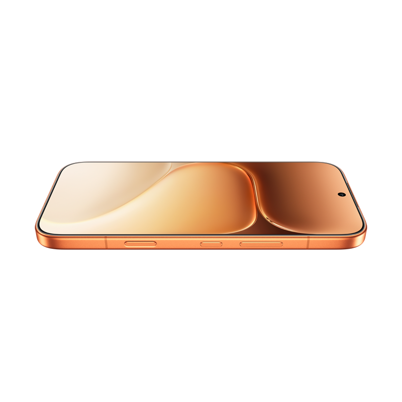 Un smartphone naranja con esquinas redondeadas y un fondo de pantalla dividido.
