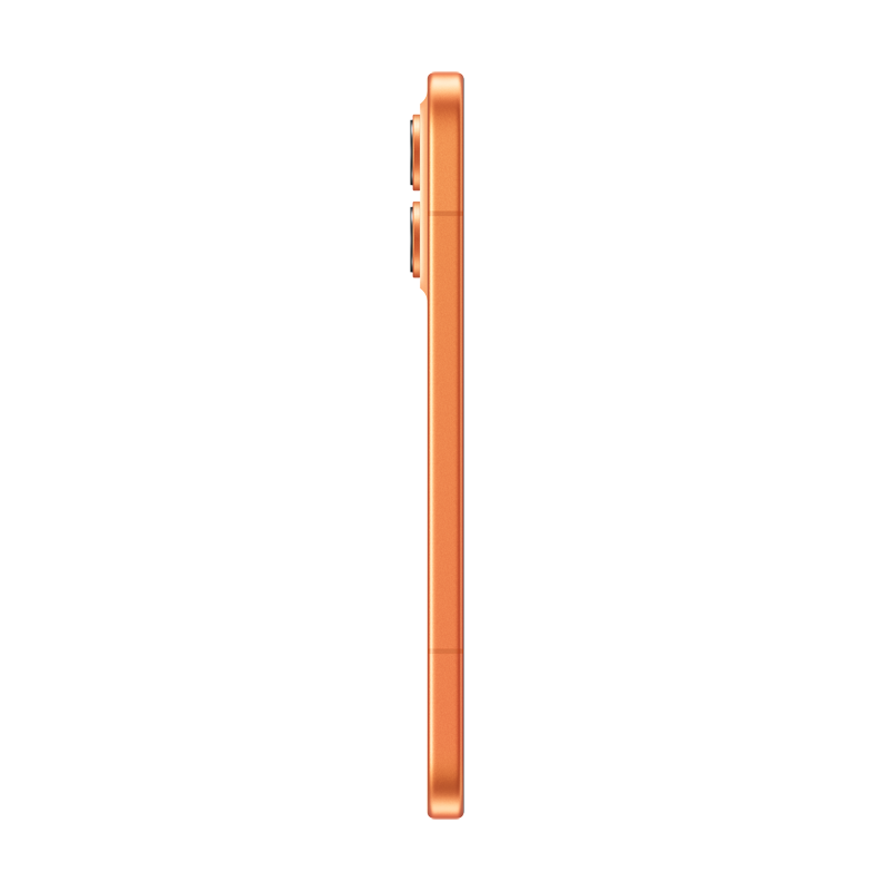 Un primer plano de la parte posterior de un smartphone naranja con tres cámaras.