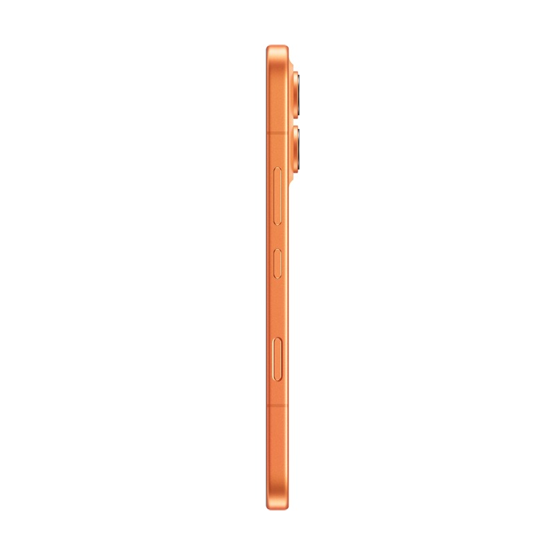 Smartphone naranja visto de lado, con botones visibles y lentes de cámara.