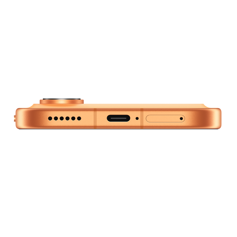 Primer plano del borde inferior de un smartphone naranja, mostrando el puerto de carga.