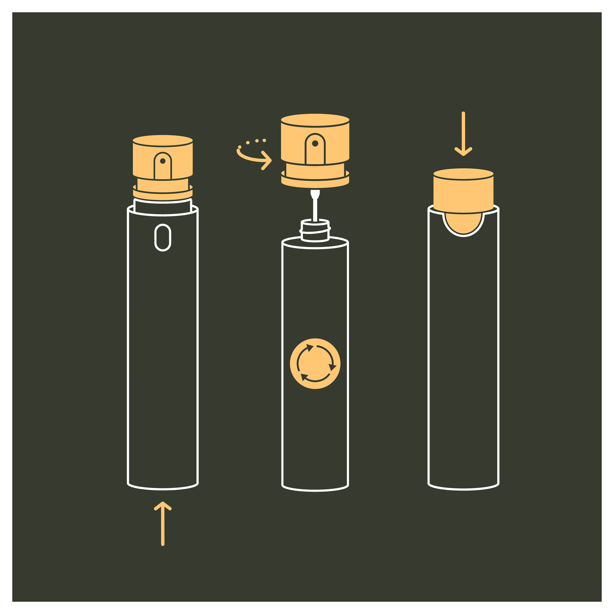 Illustration zeigt die Montage einer Sprühflasche in drei Schritten.