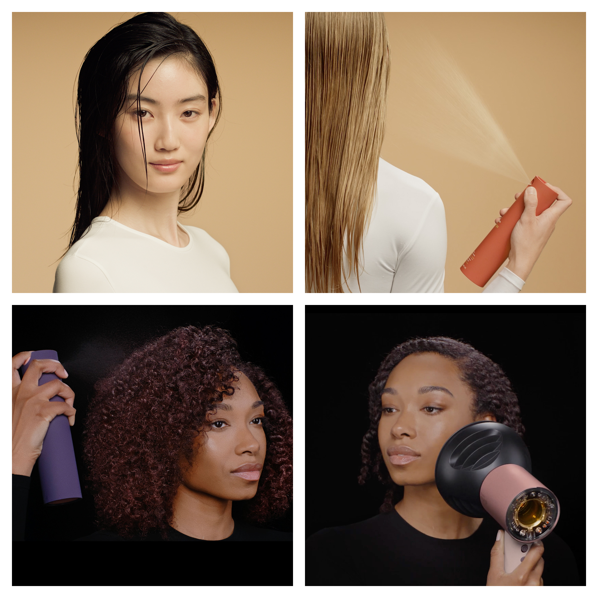 Vier Frauen mit unterschiedlichen Frisuren und Hauttönen.