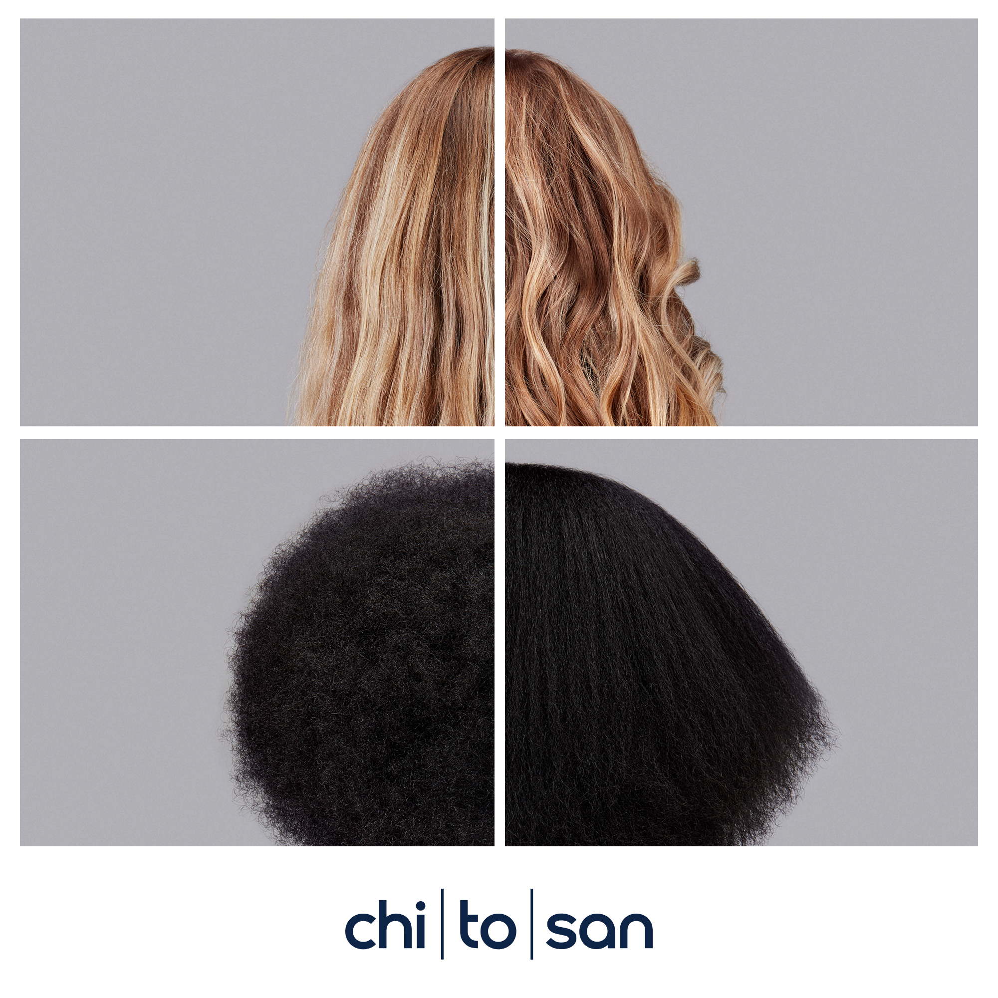 Vier Abschnitte: Blond, gewelltes Haar; dunkles, lockiges Haar; hellbraunes Haar; glattes, schwarzes Haar.