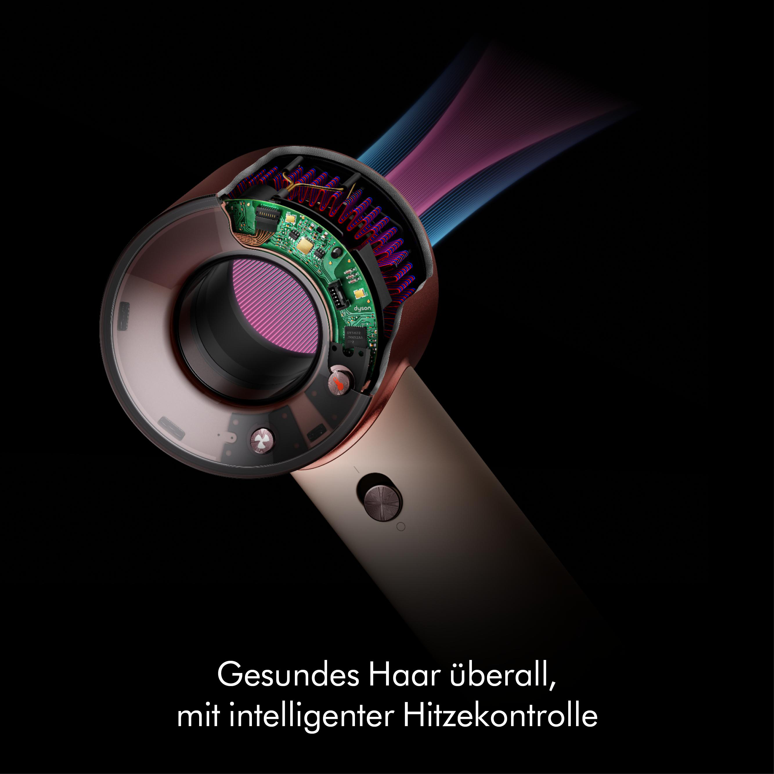 Ein Haartrockner mit offenem Innenleben zeigt Platinen und Lüfter. Blauer und violetter Luftstrom.