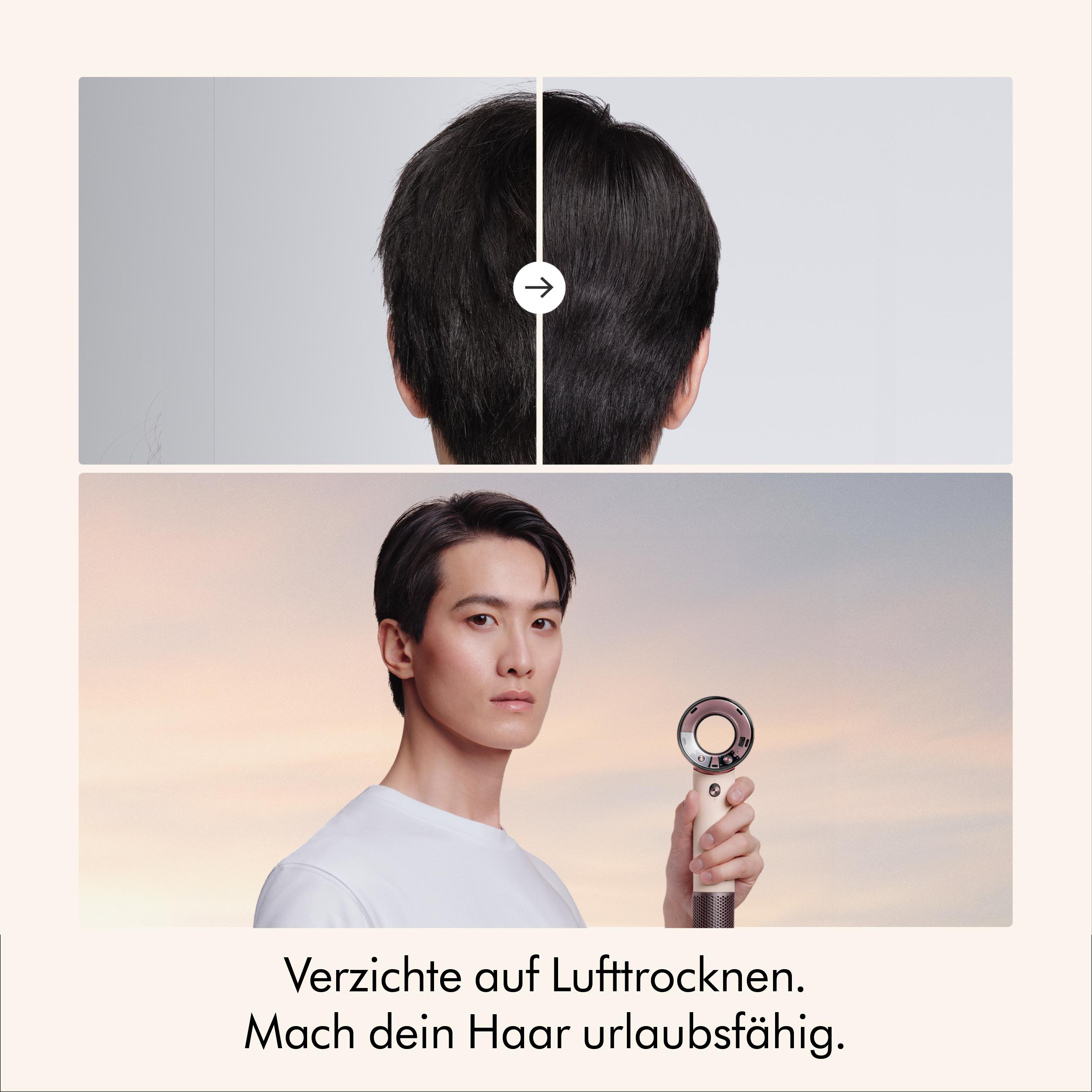 Mann mit Föhn, vorher/nachher Haarvergleich.