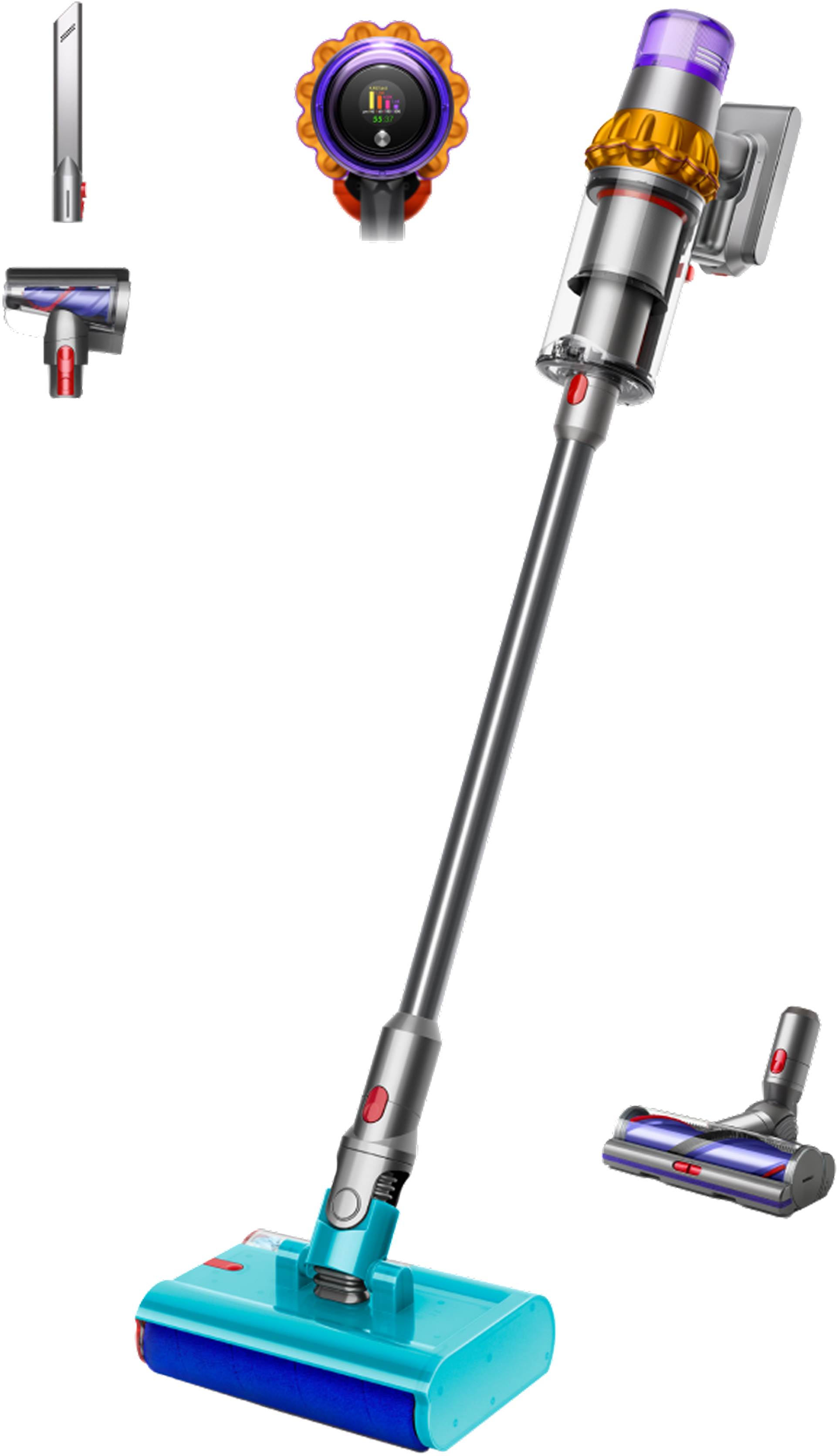 Ein Dyson Staubsauger mit ausgestellten Aufsätzen. Silber, Gold, Lila und Blau.