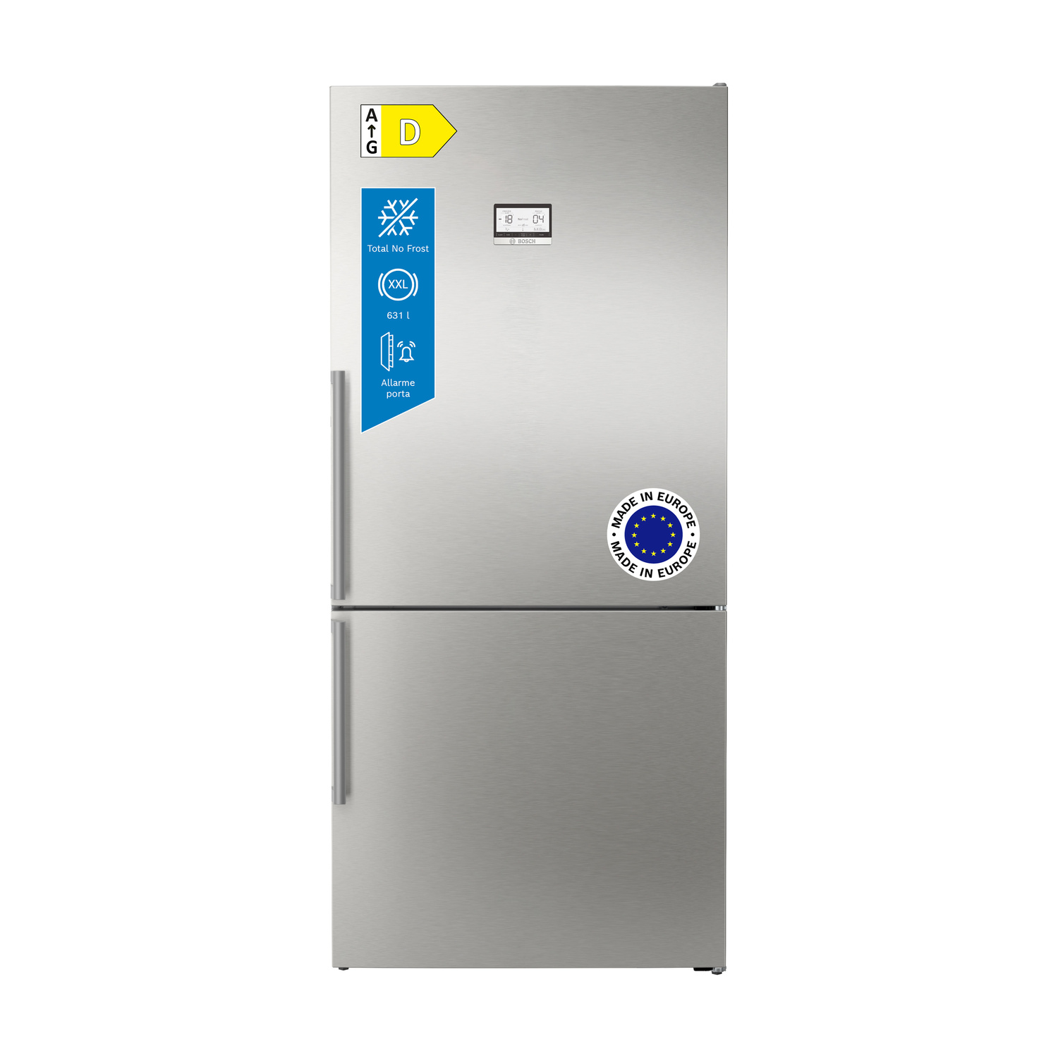 Un frigorifero Bosch argento con display digitale ed etichetta energetica.
