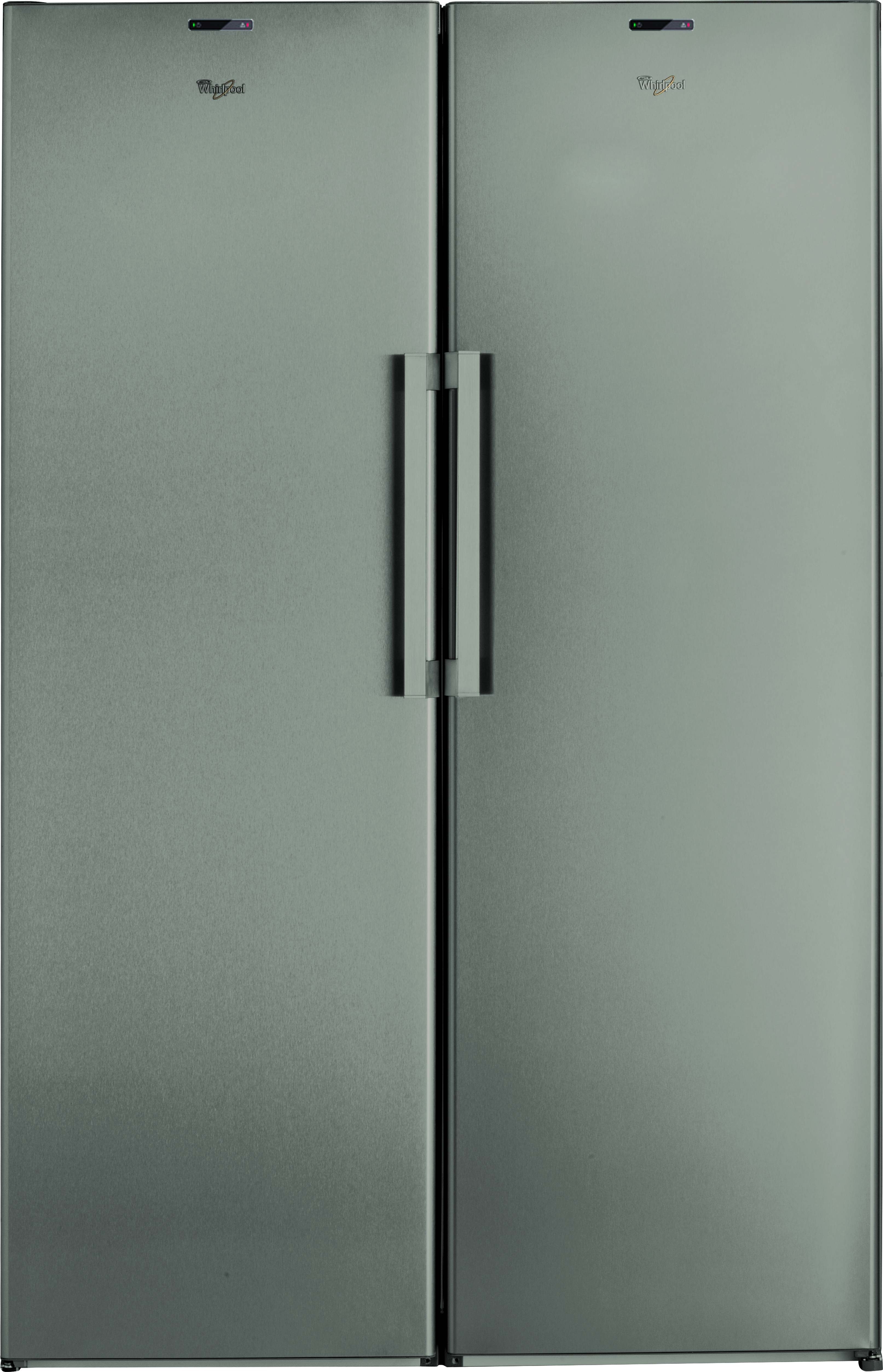 Un refrigerador plateado de doble puerta con asas verticales.
