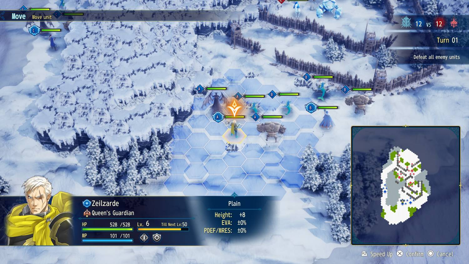 Juego de estrategia sobre hielo con unidades, info de personaje y mapa.