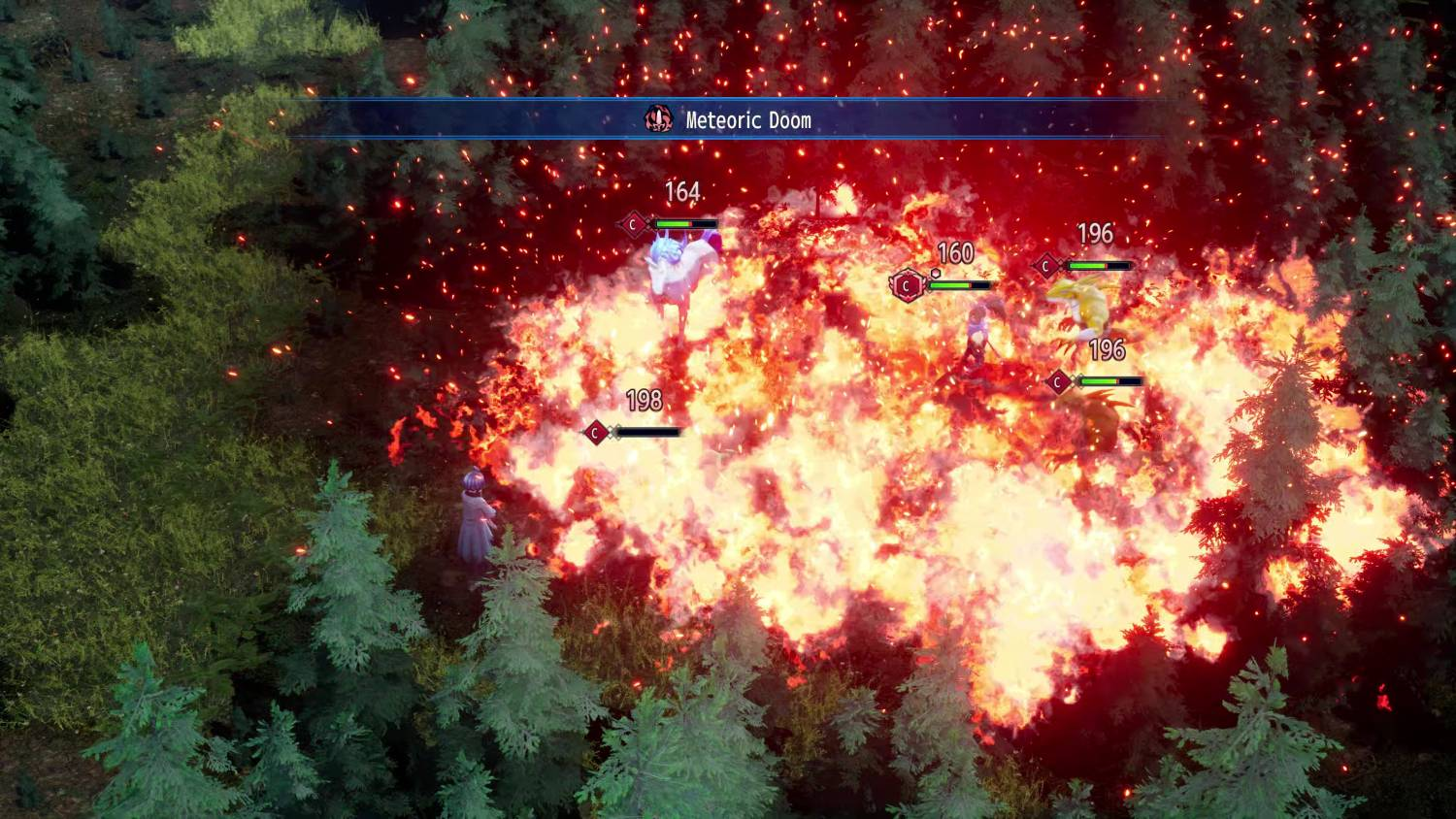 Personajes en un bosque luchan contra una gran explosión de fuego.