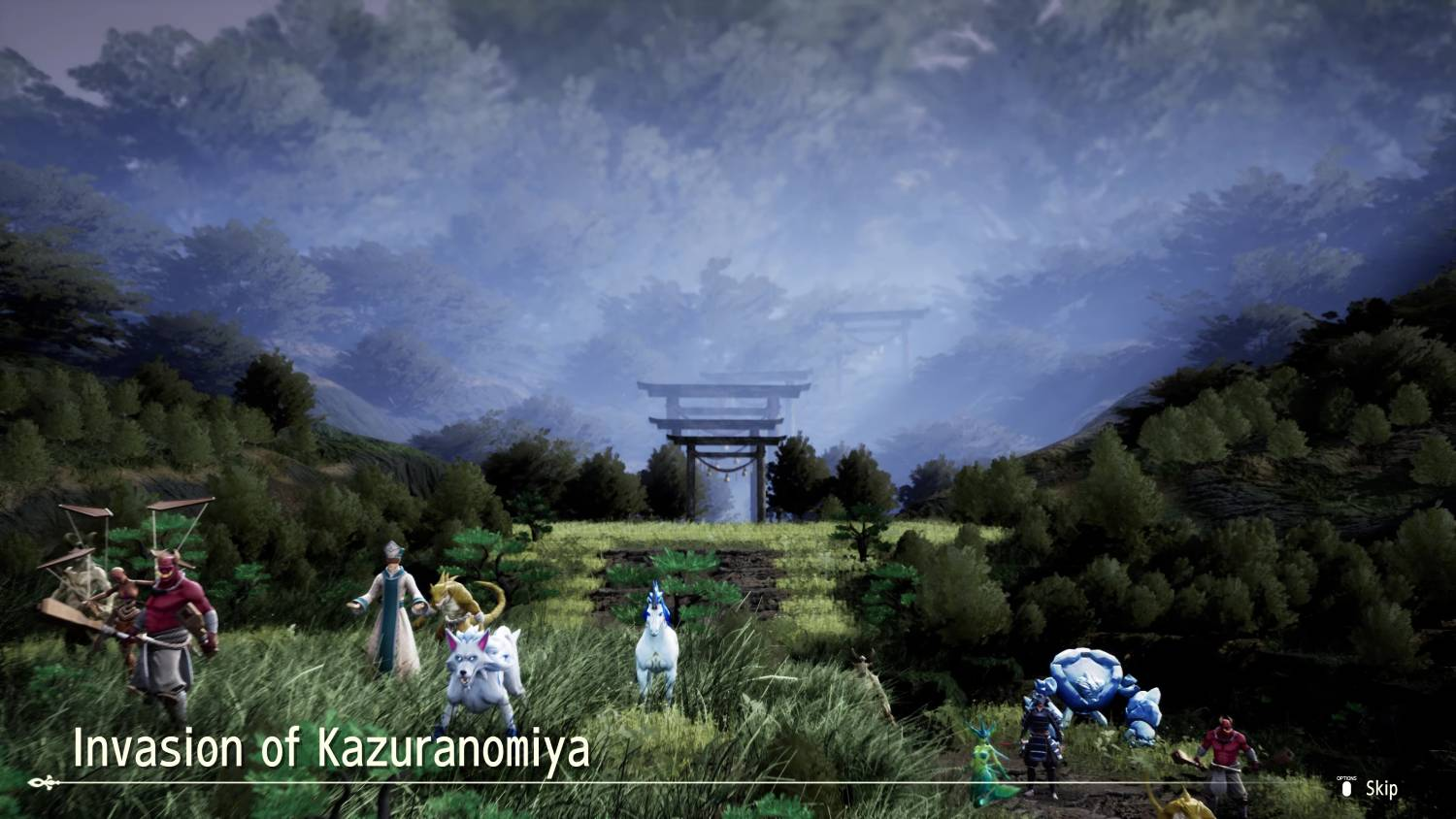 Invasión de Kazuranomiya: Personajes en hierba ante puertas torii japonesas.