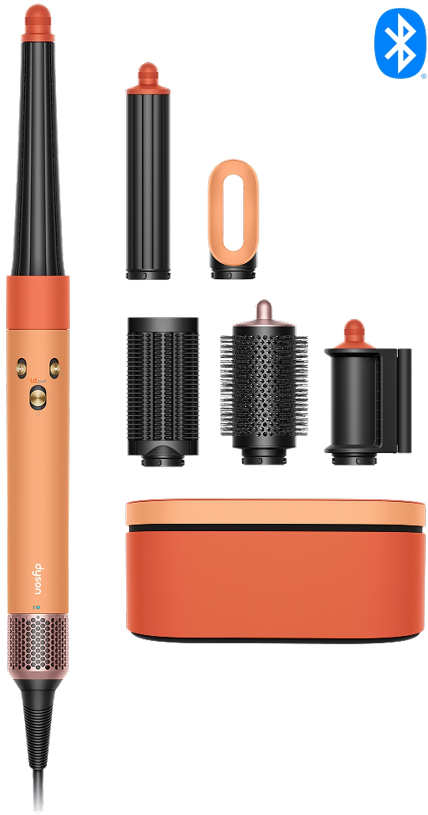 Ein orangefarbener Dyson Haarstyler mit Aufsätzen und Aufbewahrungskoffer.