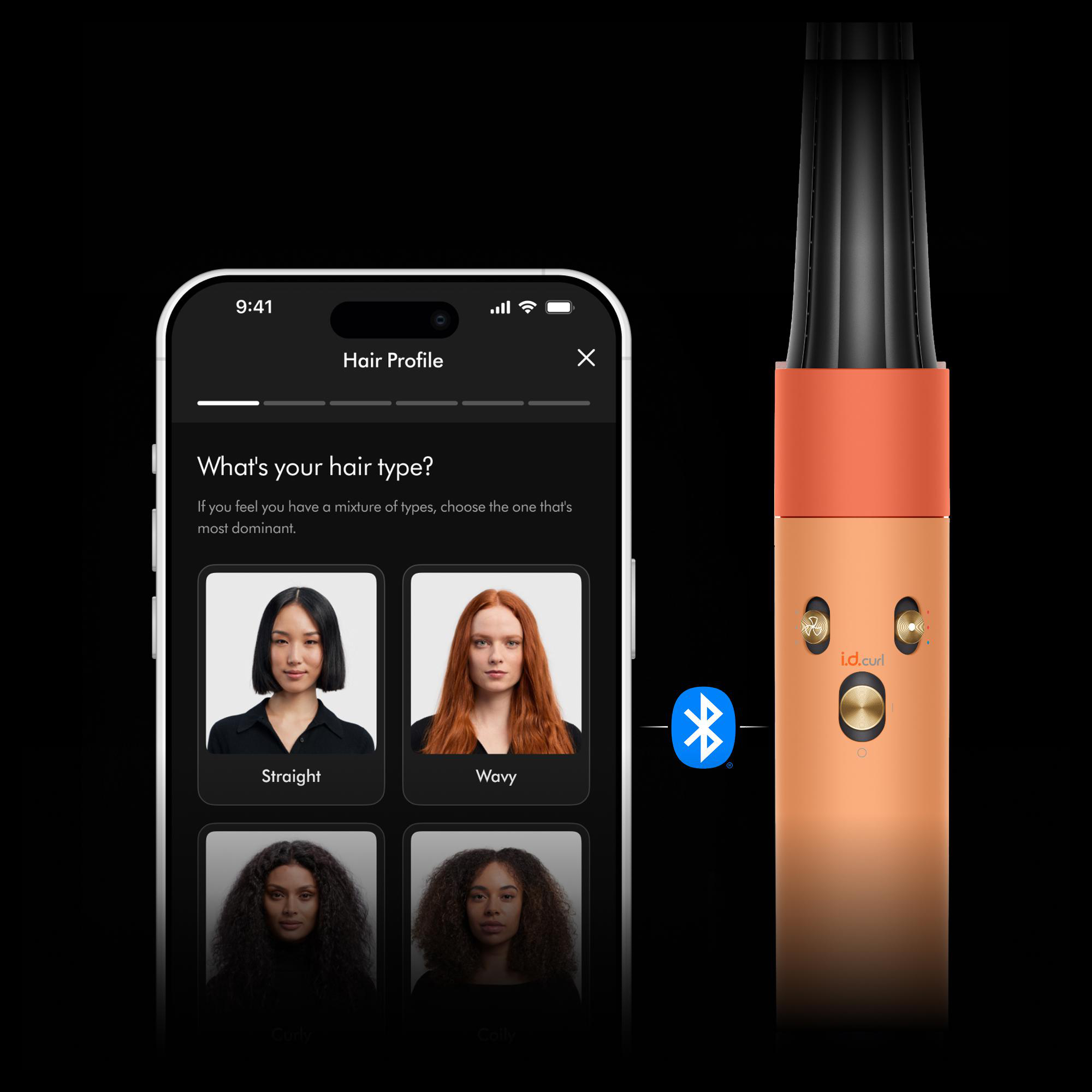 Handy zeigt Haartypen: glatt, wellig, lockig. Ein Lockenstab daneben.