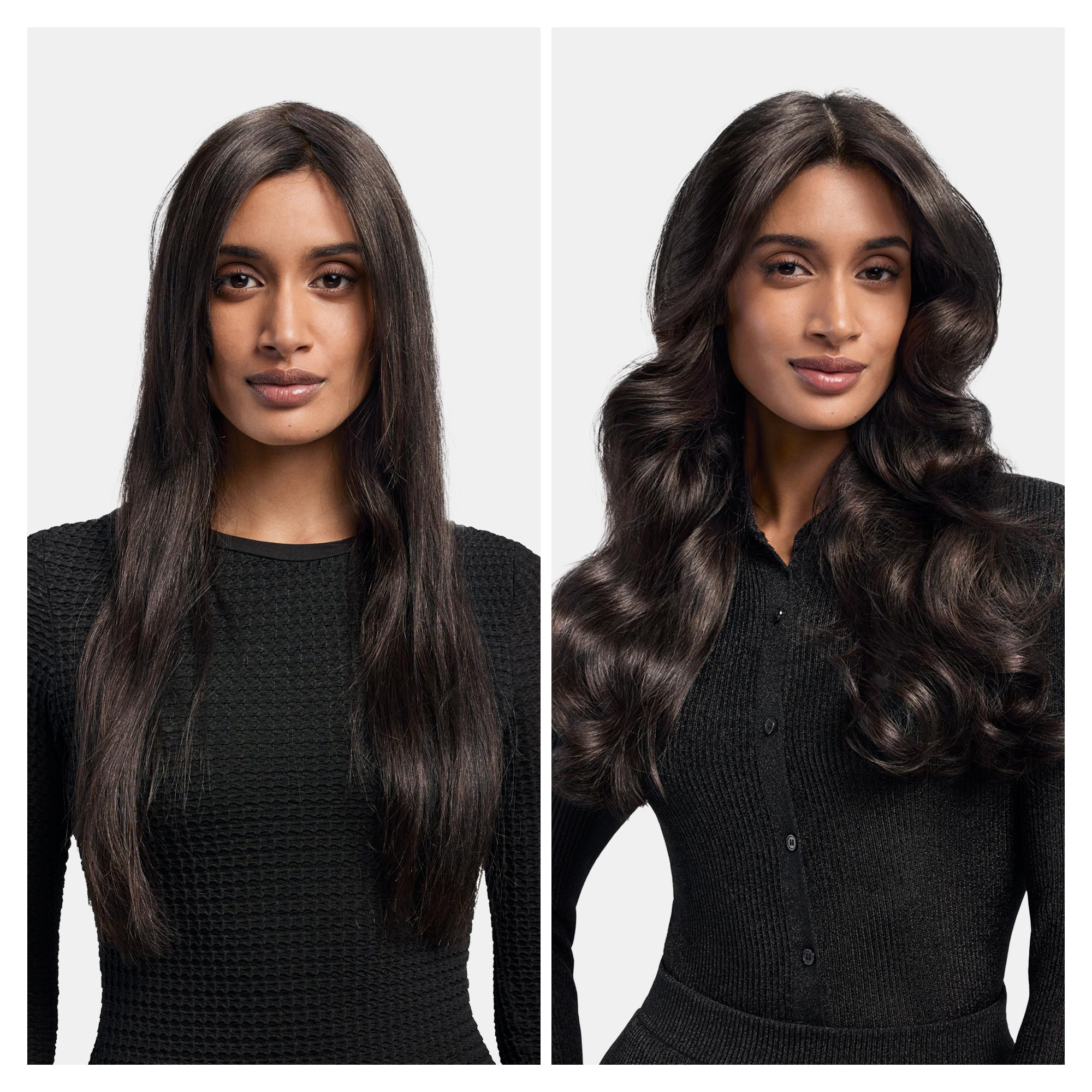 Frau mit langem, glattem Haar links und vollem, gewelltem Haar rechts.