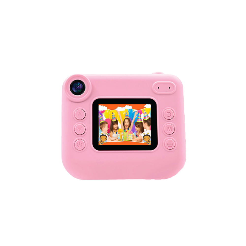 Pembe bir kamera, parti şapkaları takan çocukların resmini gösteriyor.