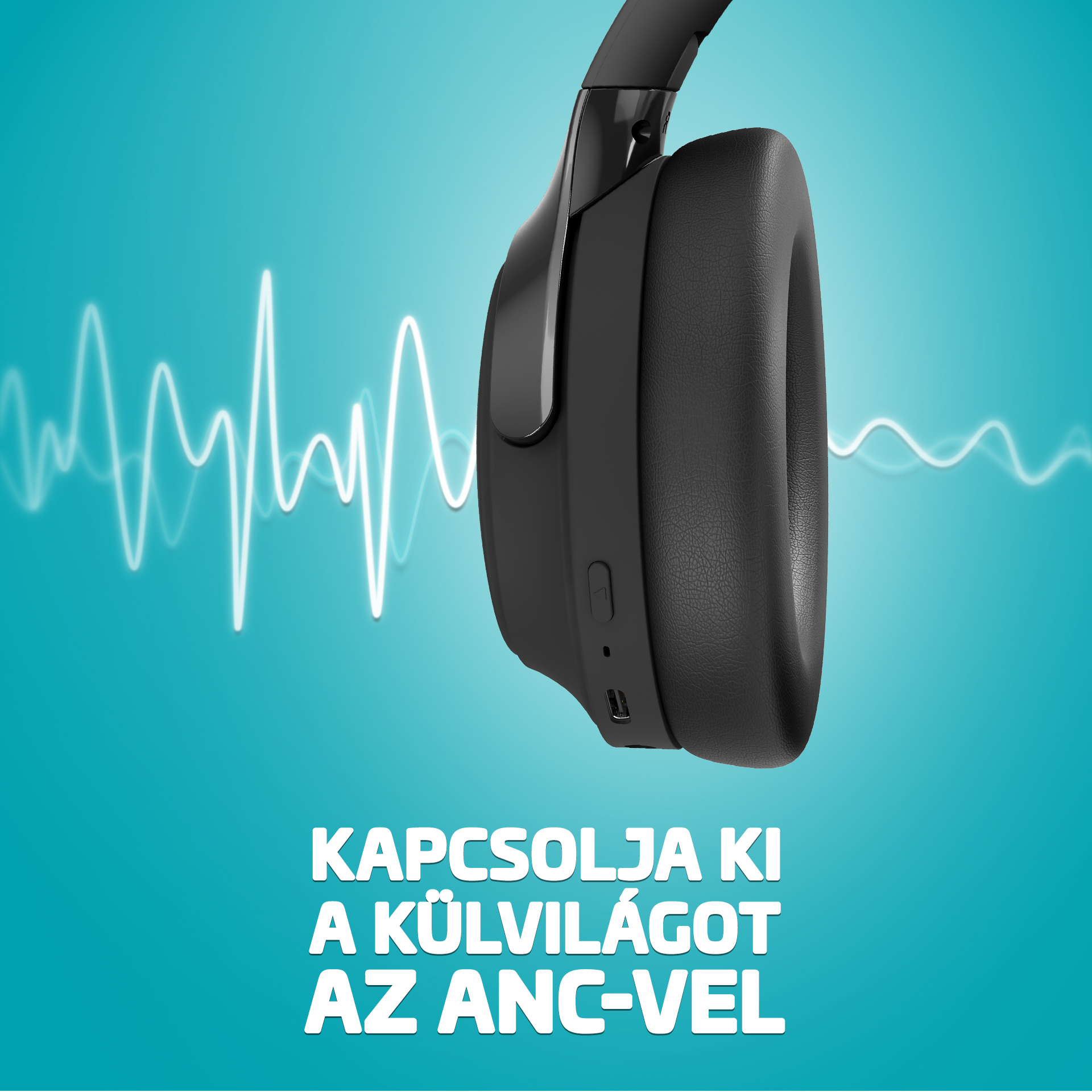 Fekete ANC-s fejhallgató kék háttéren, hanghullámokkal.