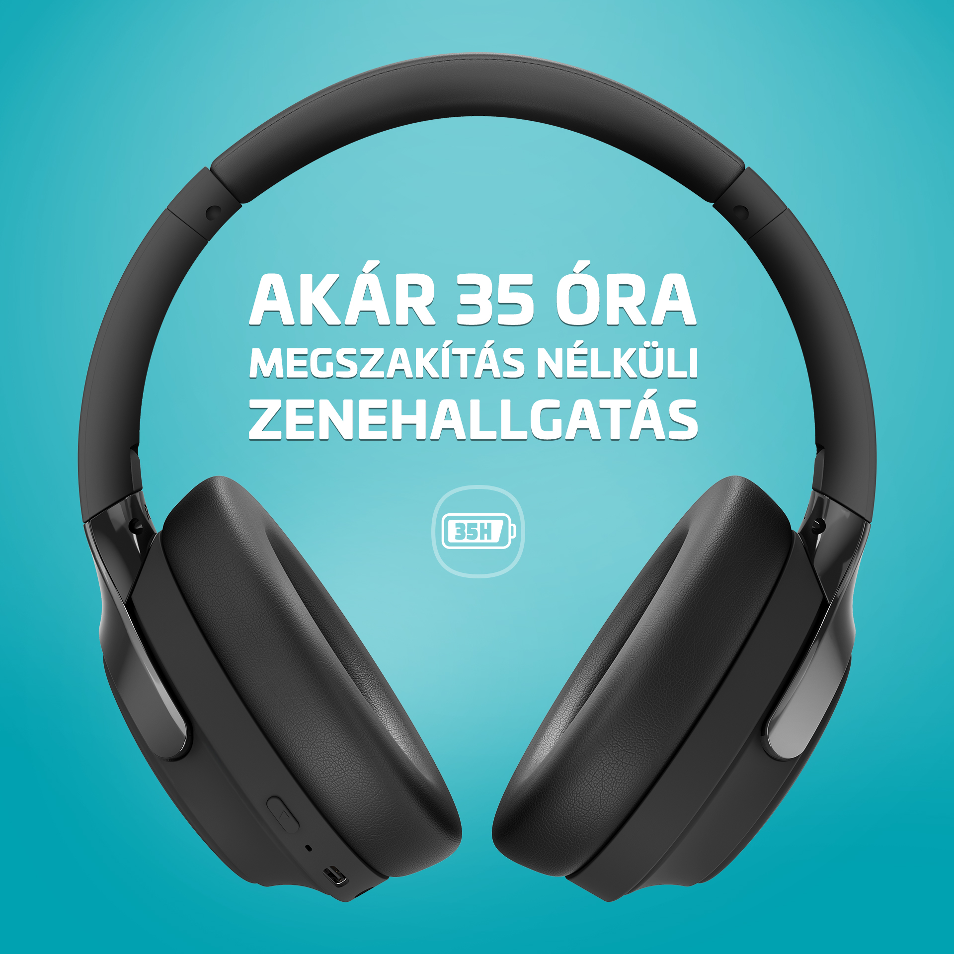 Fekete fejhallgató 35 óra akkumulátor-üzemidővel, kék háttéren.