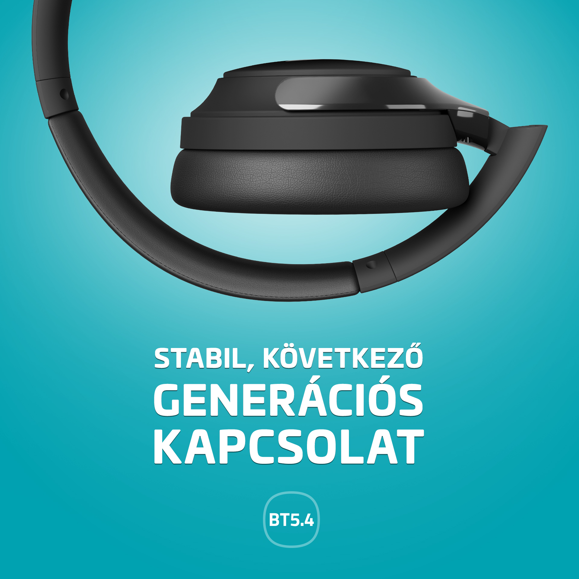 Fekete fejhallgató Bluetooth 5.4-gyel türkiz háttéren.