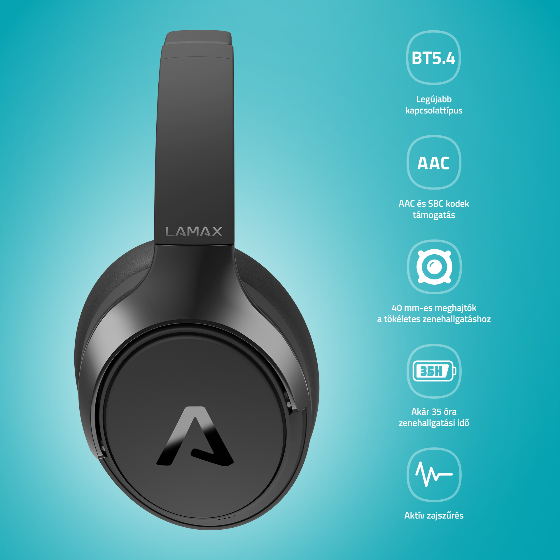 Fekete LAMAX fejhallgató Bluetooth 5.4, AAC támogatás, 40mm-es meghajtók, 35H.