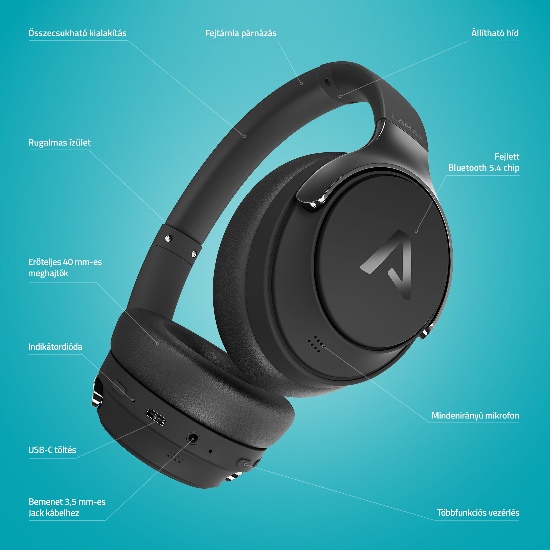 Fekete fejhallgató párnázott fejpánttal, 40 mm-es meghajtókkal, USB-C-vel.