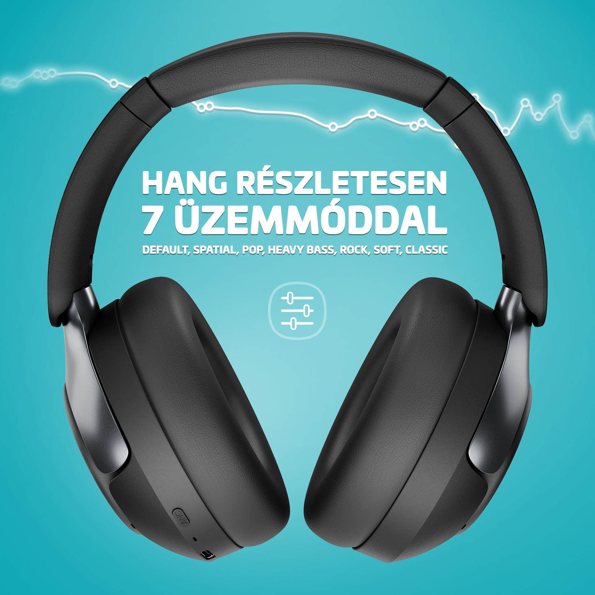 Fekete fejhallgató equalizer ikonnal és hullámvonalakkal kék háttéren.