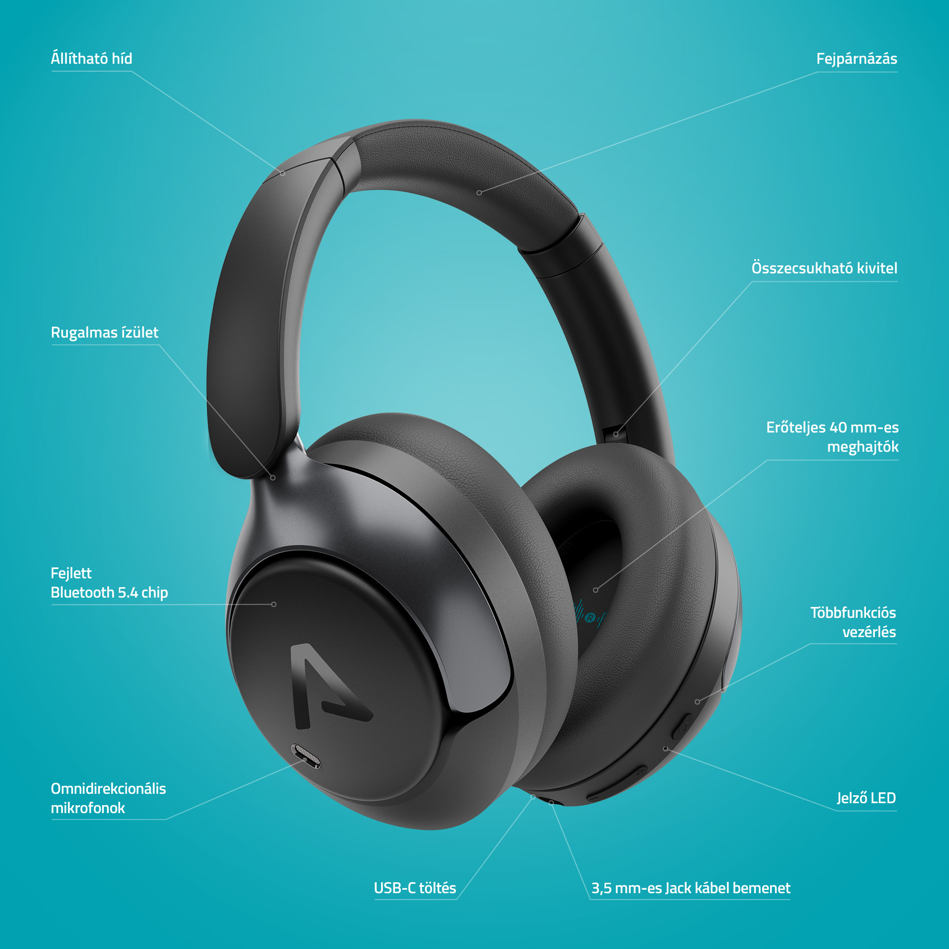 Fekete fejhallgató állítható fejpánttal, 40 mm-es meghajtókkal, Bluetooth 5.4.