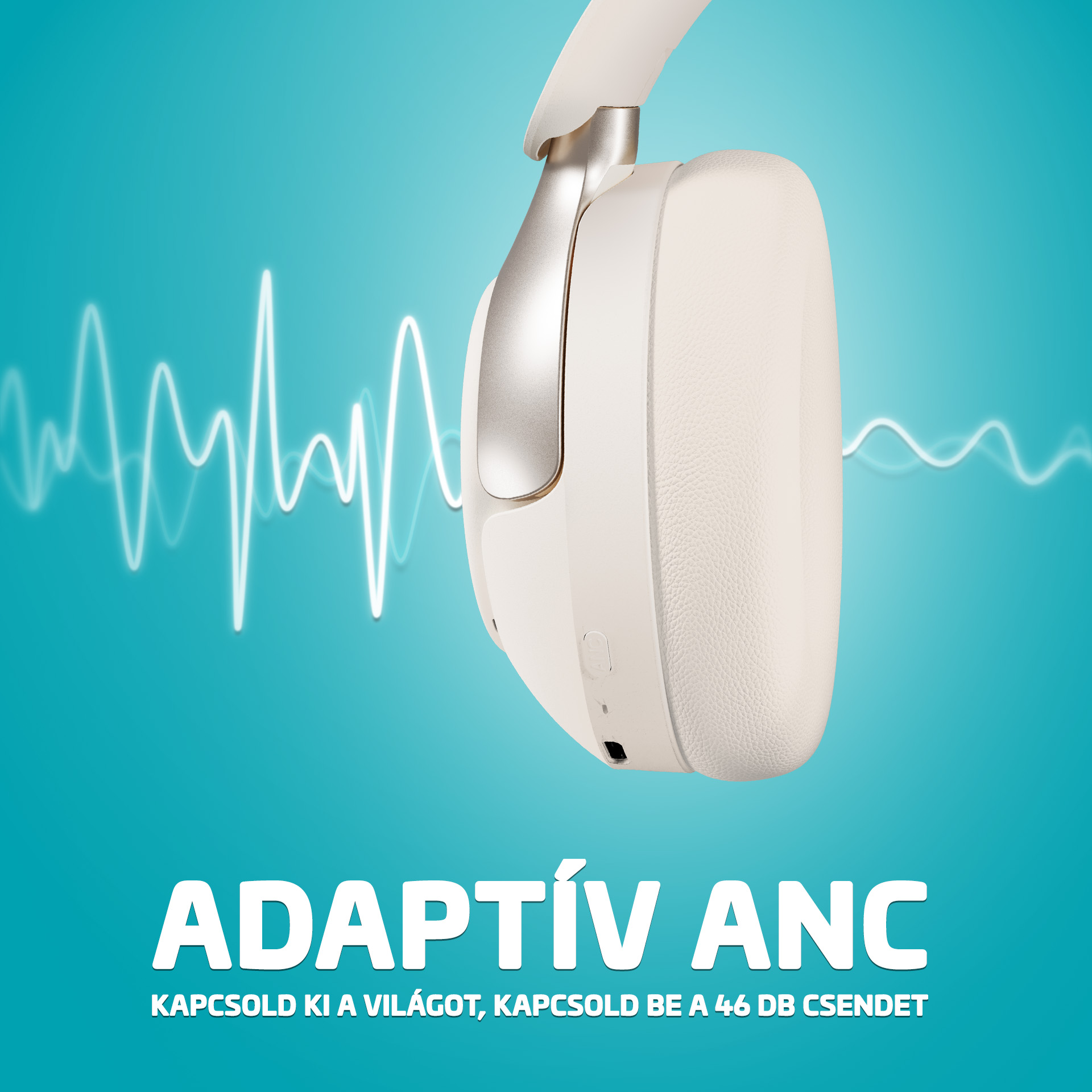 Fehér fejhallgató kék háttéren hanghullámokkal. Adaptív ANC.