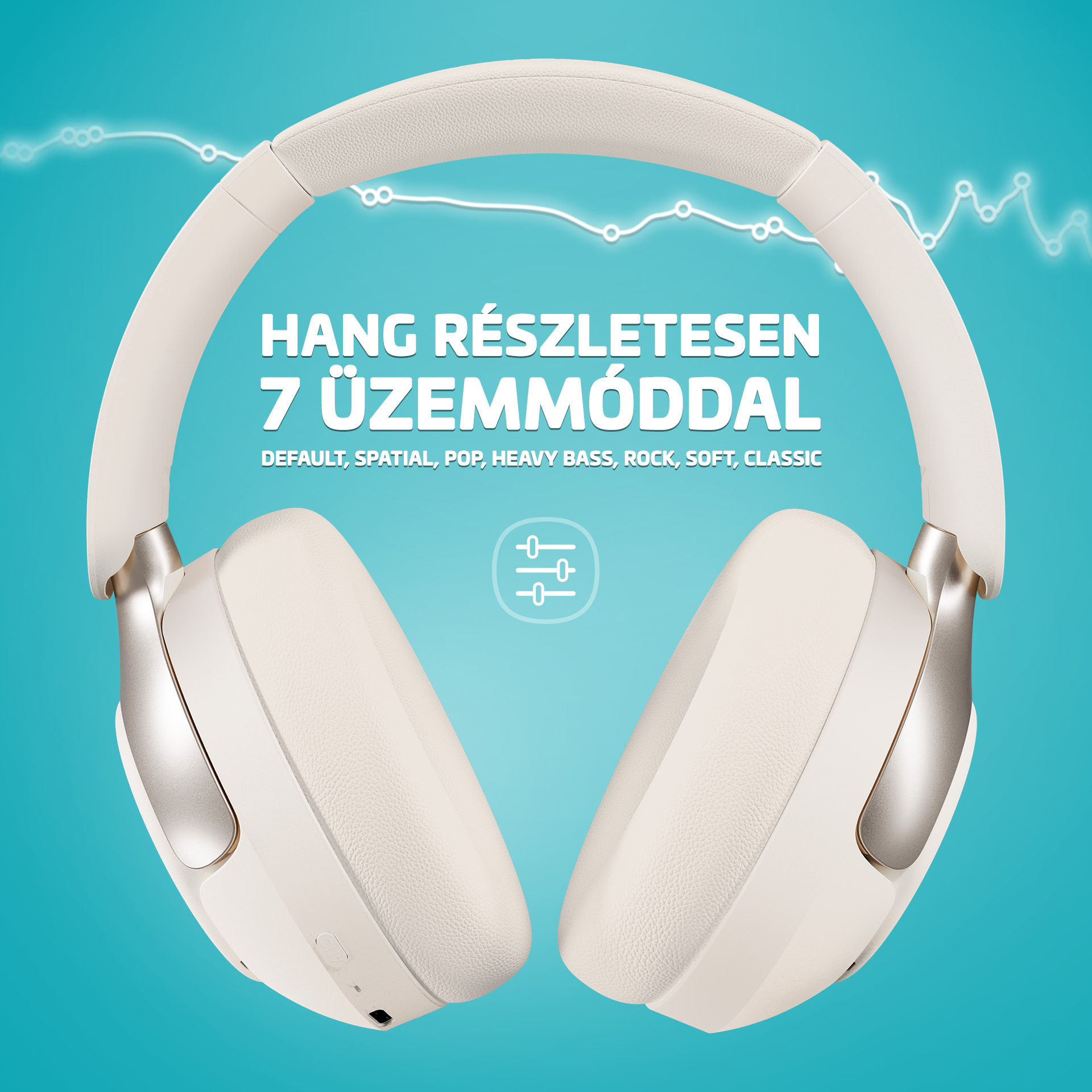 Fehér fejhallgató equalizer ikonnal és hullámvonalakkal kék háttéren.