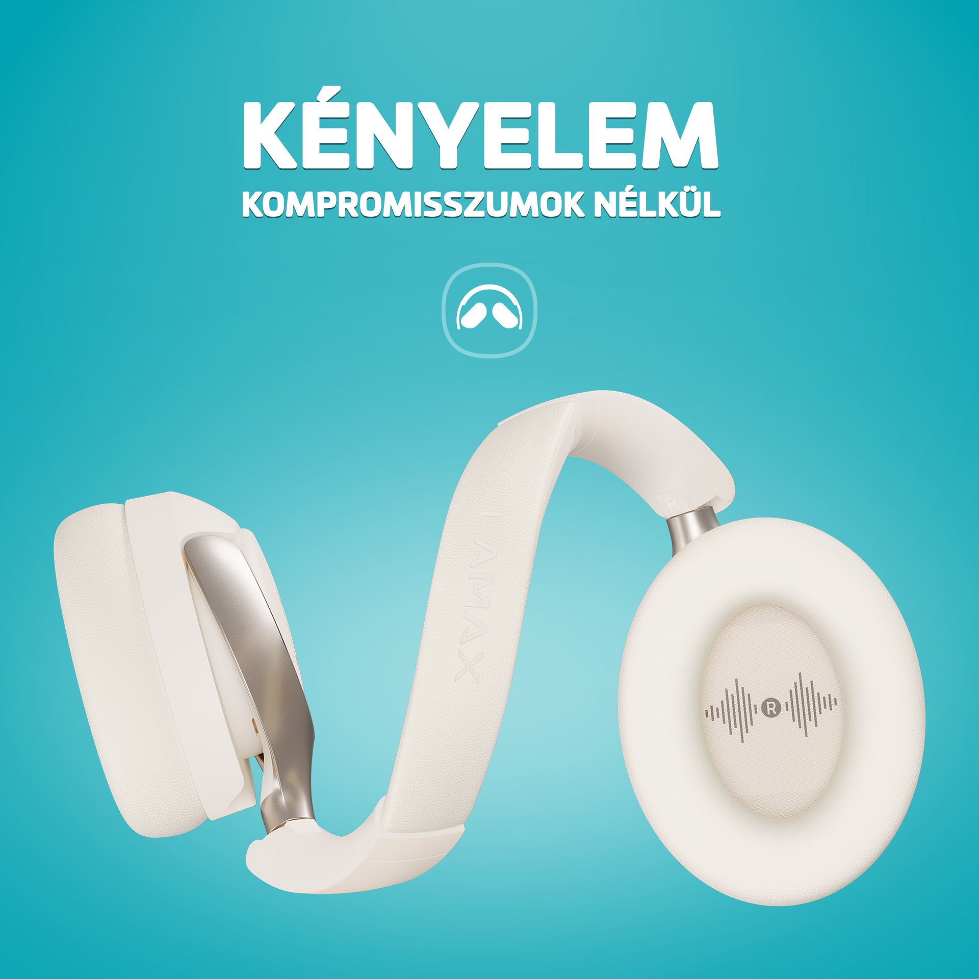 Fehér fejhallgató ezüst díszítéssel, türkiz háttér előtt.