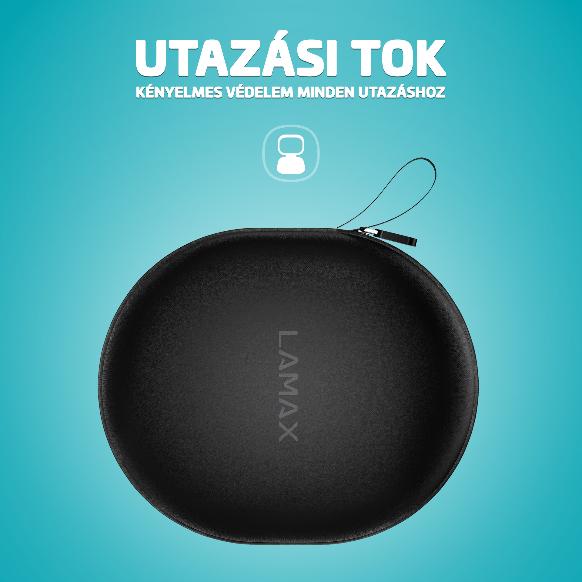 Fekete LAMAX márkajelzésű tok cipzárral és hurokkal, kék háttér.