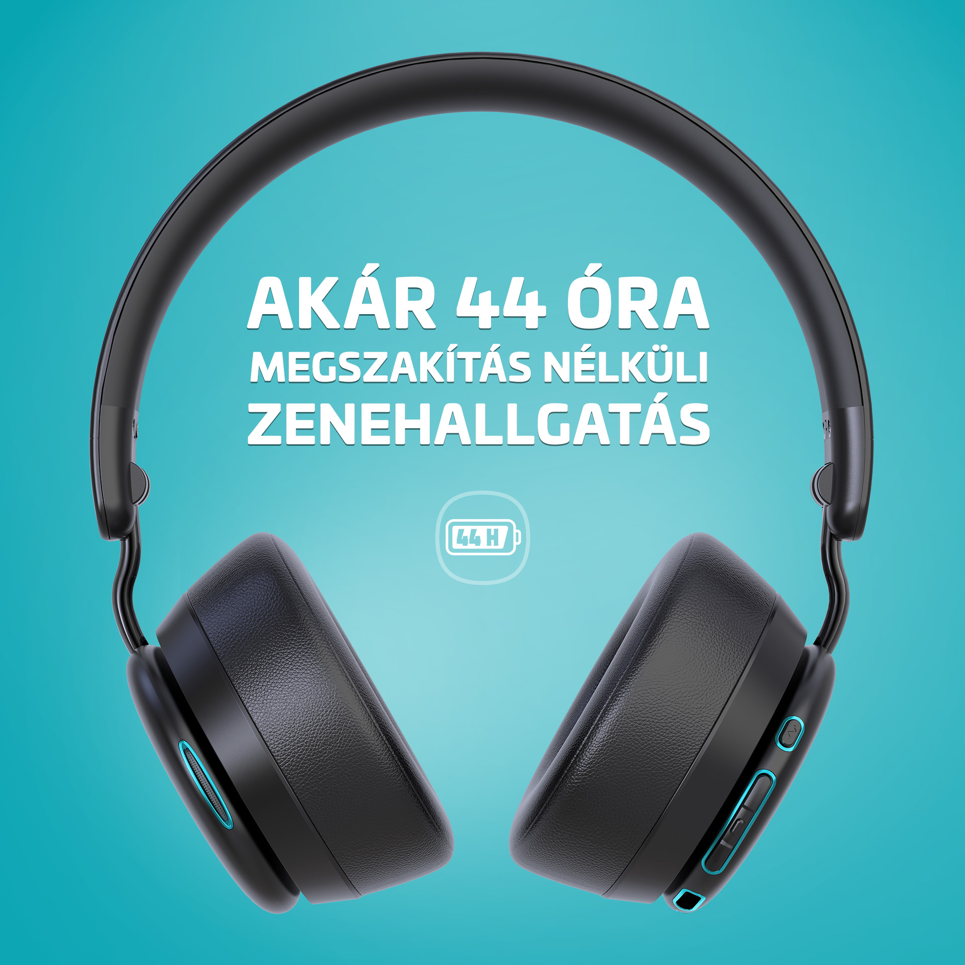 Fekete fejhallgató kék díszítéssel és 44 órás lejátszási ikonnal.