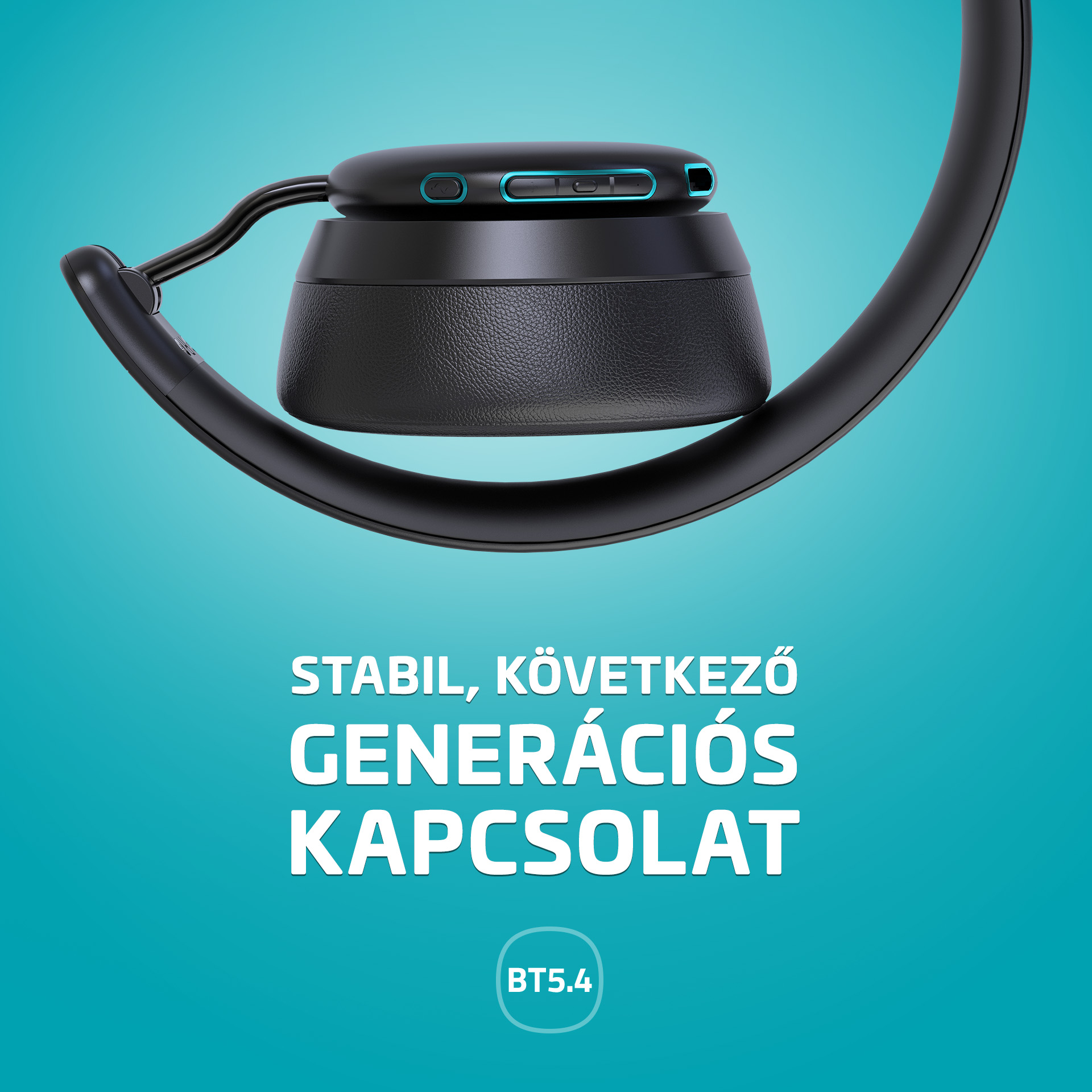 Fekete fejhallgató kék díszítéssel, türkiz háttérrel.