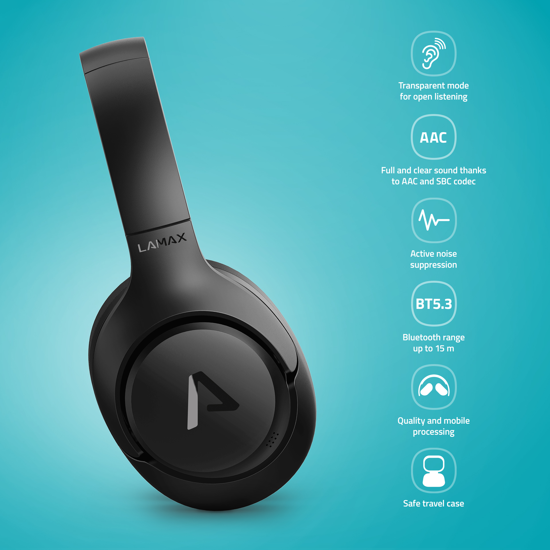 Fekete fejhallgató kék háttérrel, ANC és Bluetooth 5.3 funkciókkal.