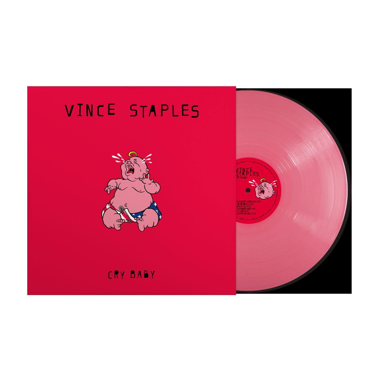 Ein rotes Plattencover mit Vince Staples und dem Titel "Cry Baby" neben einer rosa Schallplatte.