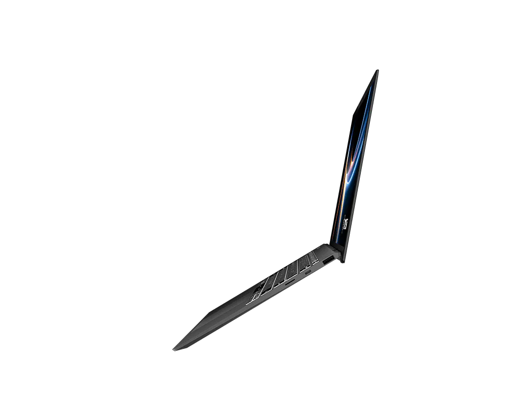 Ein geöffneter Laptop mit beleuchtetem Bildschirm auf schwarzem Hintergrund.