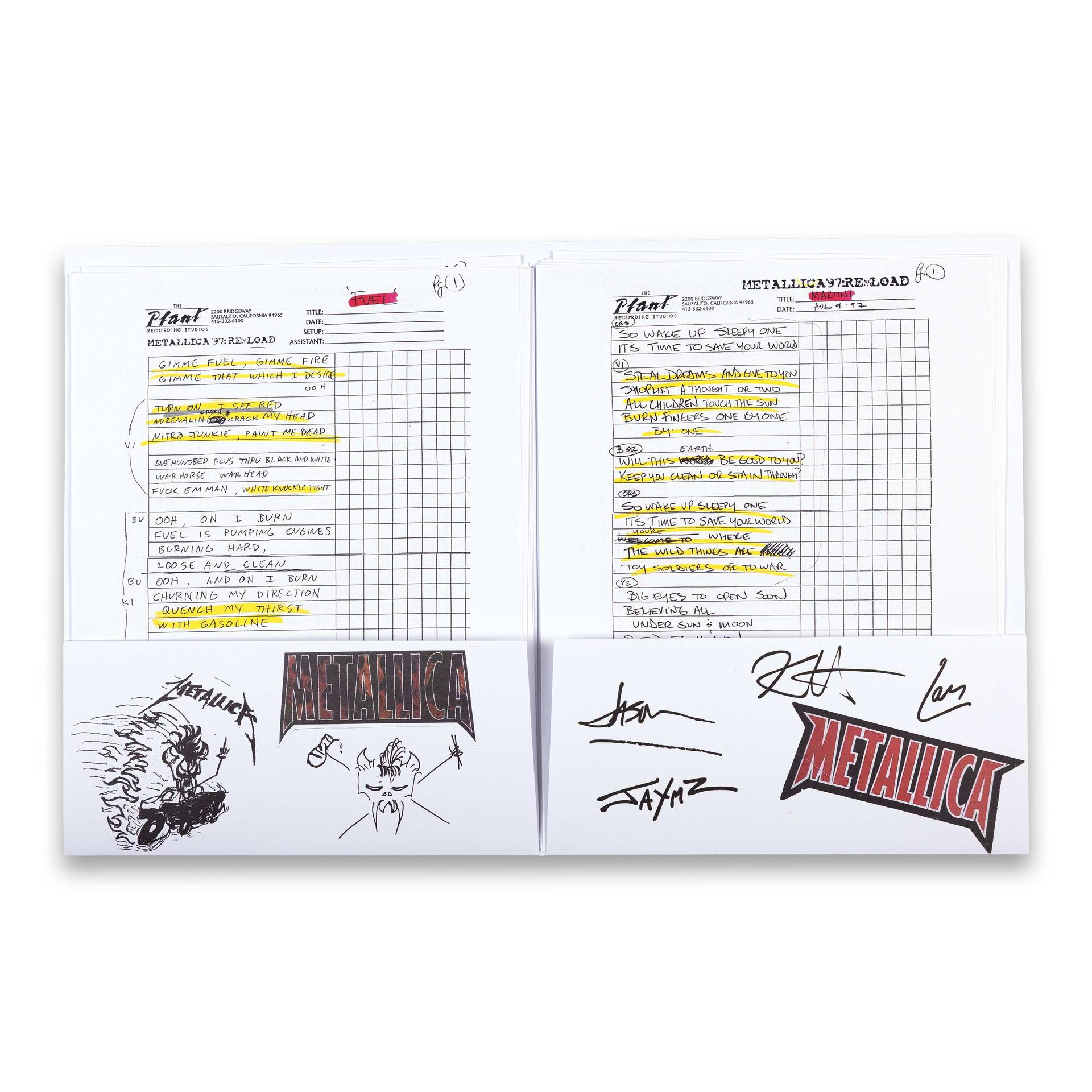 Metallica '97 Reload Songtexte und Notizen auf Papier, mit Unterschriften.