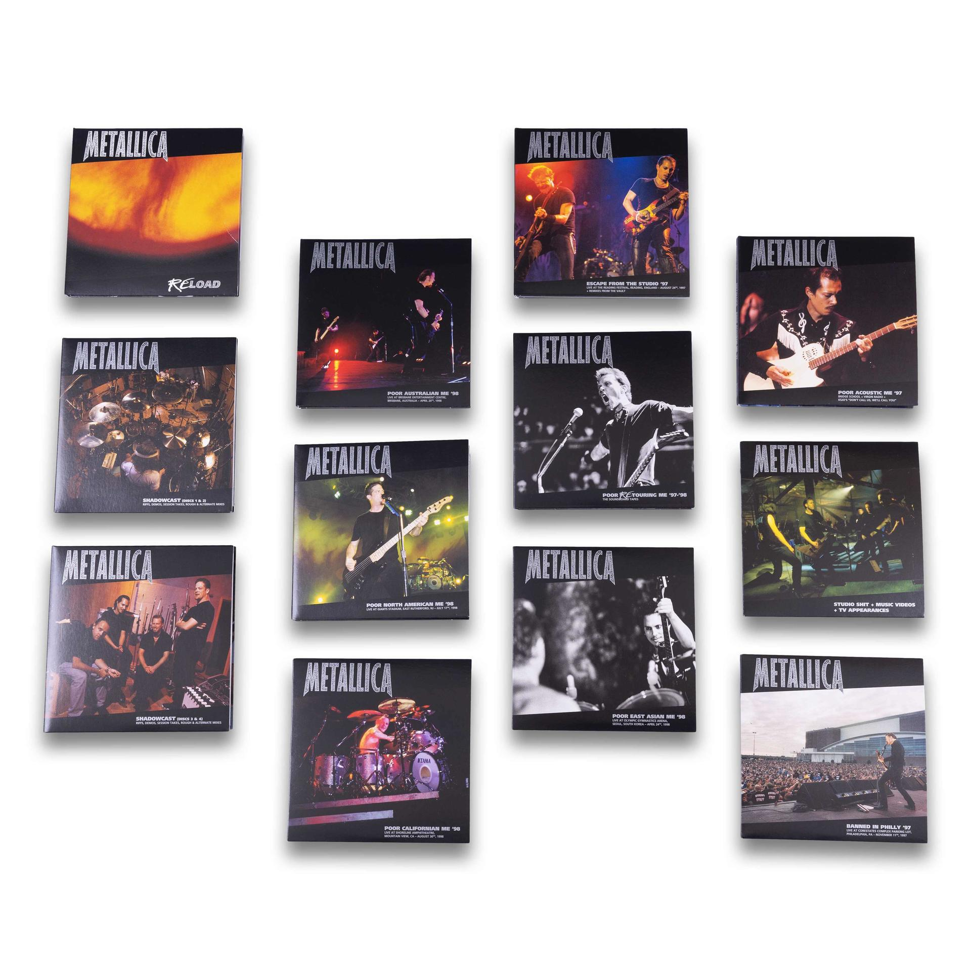 Metallica-Albumcover, eine Collage aus 12 CDs mit Live-Auftritten und Studioaufnahmen.