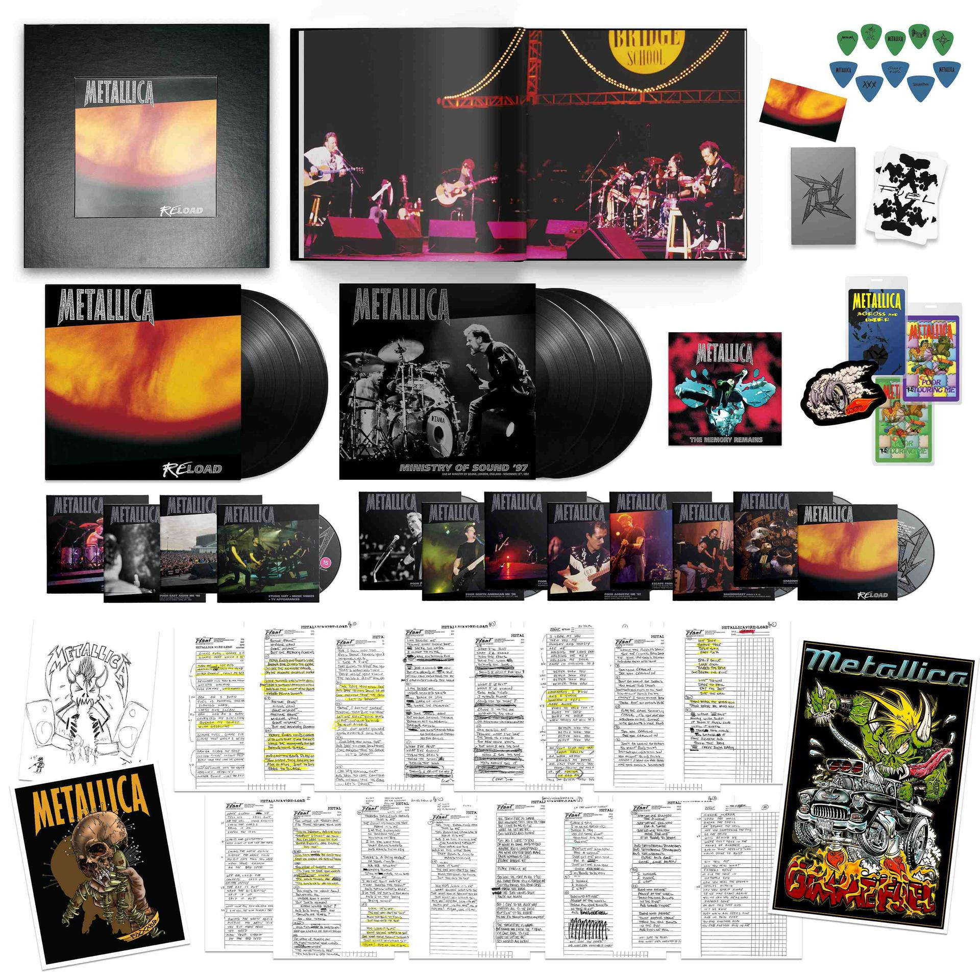 Metallica-Merchandise: Vinyl, Buch, Picks, Aufkleber, Notizblätter und Poster.