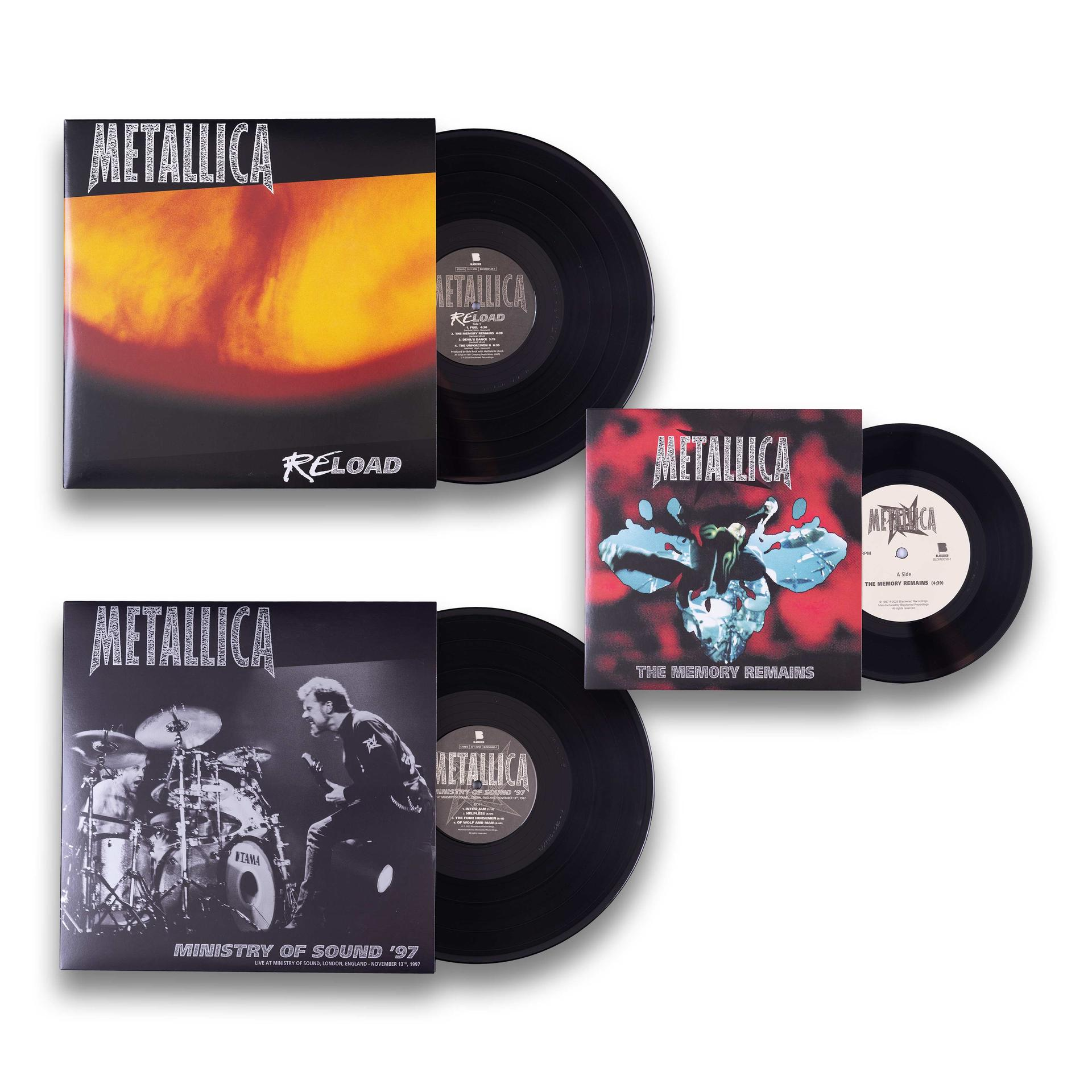 Metallica-Schallplatten: 'Reload', 'The Memory Remains', 'Ministry of Sound '97'.