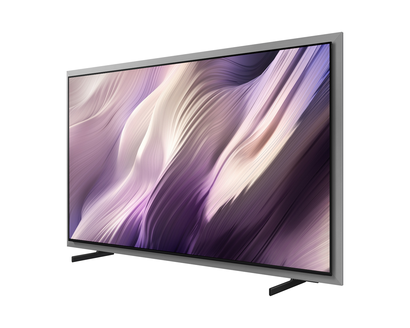 Nowoczesny telewizor z płaskim ekranem, srebrną ramką i abstrakcyjną grafiką fioletowo-białą.