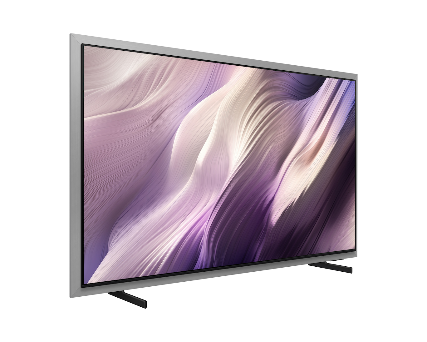 Srebrny telewizor z abstrakcyjnym fioletowo-białym wzorem na ekranie.