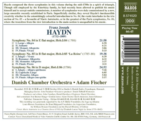 CD-Rückseite mit Werkliste für Haydns Symphonien Nr. 84-86, Orchester und Dirigent.