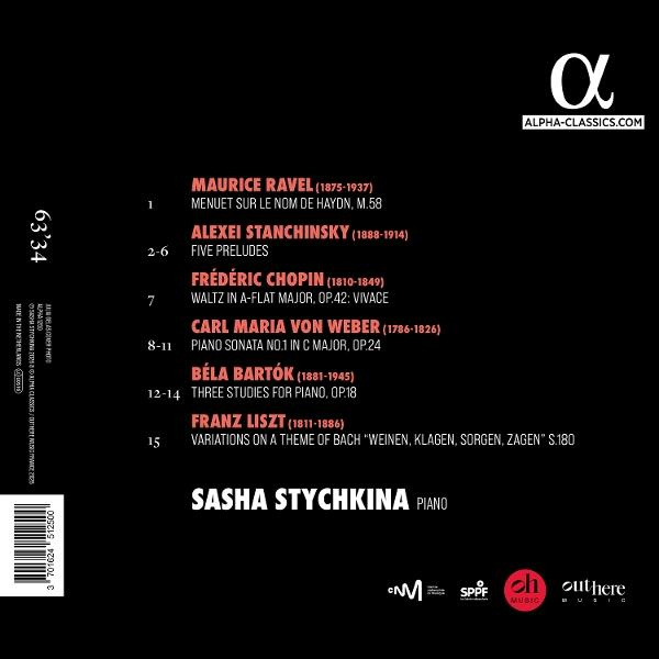 CD-Rückseite mit Komponistennamen, Werktiteln und Pianistin Sasha Stychkina.