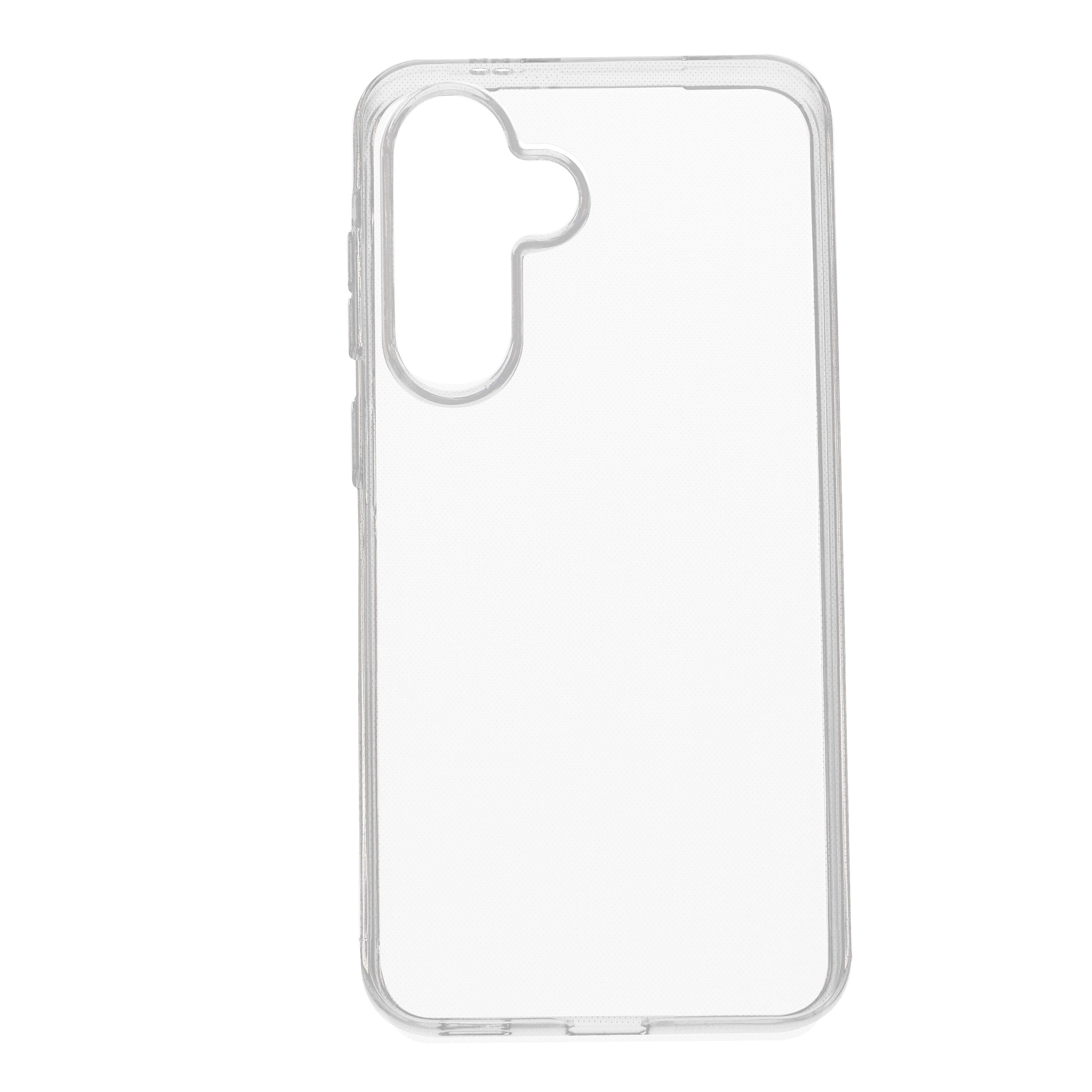 Transparente Handyhülle mit Aussparung für Kamera und Knöpfe.