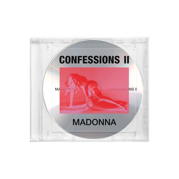CD-Hülle mit Madonna und dem Titel Confessions II in roter und schwarzer Schrift.