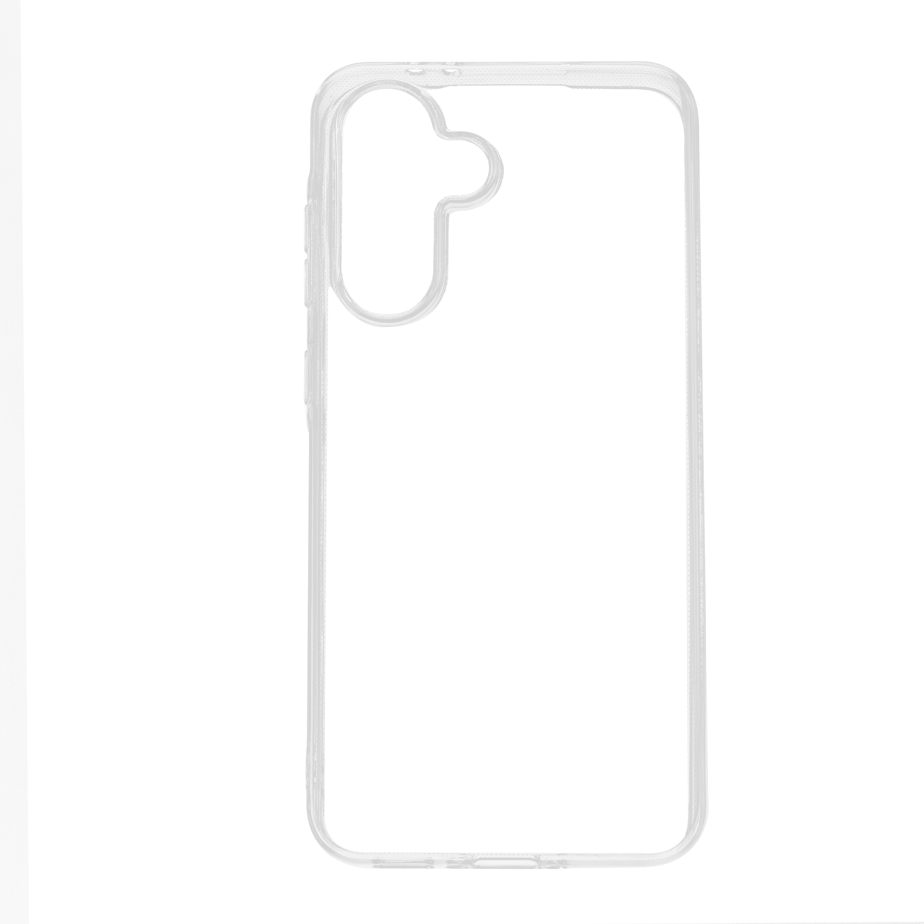 Transparente Handyhülle mit Aussparungen für Kamera und Tasten.