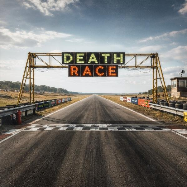 Start-/Ziellinie einer Rennstrecke mit einem "DEATH RACE"-Schild.